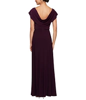 Alex Evenings Matte Jersey Cowl Neck Drape Back Detail Short Sleeve Side Embellishment Pleated Thigh High Slit Long Gown