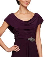 Alex Evenings Matte Jersey Cowl Neck Drape Back Detail Short Sleeve Side Embellishment Pleated Thigh High Slit Long Gown