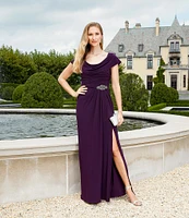 Alex Evenings Matte Jersey Cowl Neck Drape Back Detail Short Sleeve Side Embellishment Pleated Thigh High Slit Long Gown