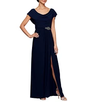 Alex Evenings Matte Jersey Cowl Neck Drape Back Detail Short Sleeve Side Embellishment Pleated Thigh High Slit Long Gown