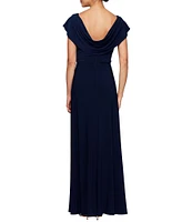 Alex Evenings Matte Jersey Cowl Neck Drape Back Detail Short Sleeve Side Embellishment Pleated Thigh High Slit Long Gown