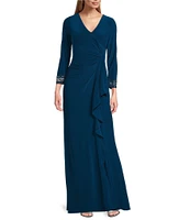 Alex Evenings Matte Jersey V-Neck 3/4 Embellished Cuff Sleeve Cascade Ruffle Detail Sheath Dress