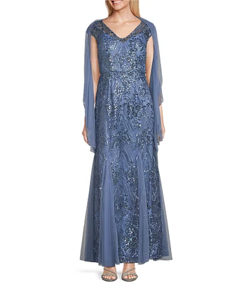 Alex Evenings Mesh Shawl Cap Sleeve V-Neck Godet Skirt Embroidered Long Dress