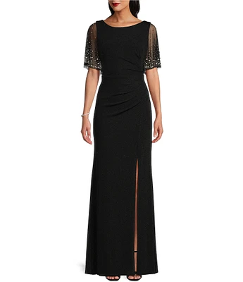 Alex Evenings Metallic Embellished Flutter Short Sleeve Boat Neck Ruched Waist Front Slit A-Line Gown