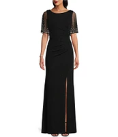 Alex Evenings Metallic Embellished Flutter Short Sleeve Boat Neck Ruched Waist Front Slit A-Line Gown