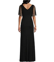 Alex Evenings Metallic Embellished Flutter Short Sleeve Boat Neck Ruched Waist Front Slit A-Line Gown