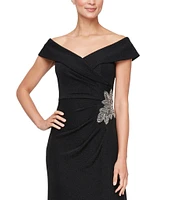 Alex Evenings Metallic Knit Off-The-Shoulder Short Sleeve Embroidered Hip Detail Sheath Dress