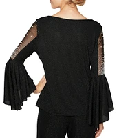 Alex Evenings Metallic Knit Round Neck 3/4 Illusion Pearl Bell Sleeve Top
