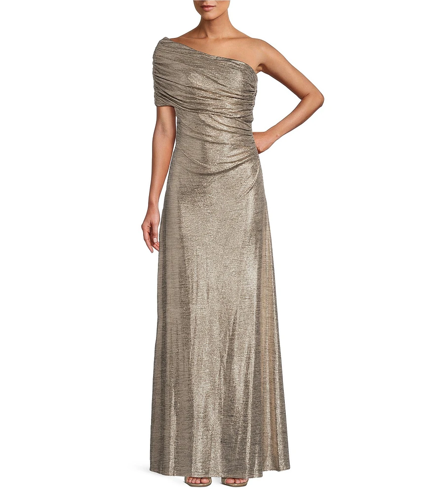 Alex Evenings Metallic One Shoulder Sleeveless Ruched Waist Sheath Gown