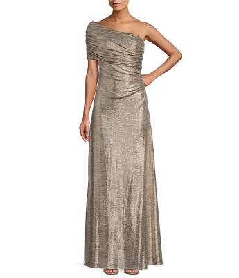 Alex Evenings Metallic One Shoulder Sleeveless Ruched Waist Sheath Gown