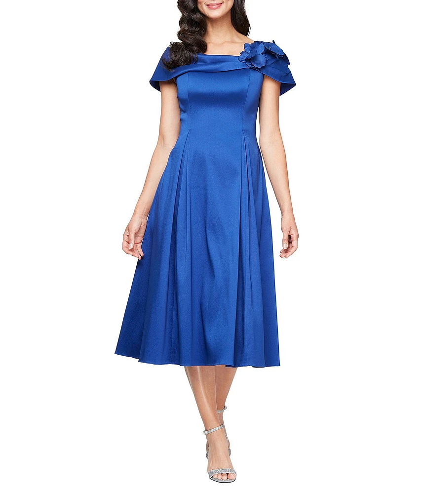 Alex Evenings Mikado Off the Shoulder Short Sleeve 3D Floral Detail A Line Midi Dress