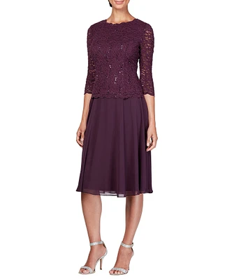 Alex Evenings Crew Neck 3/4 Sleeve Sequin Floral Lace Bodice Chiffon A-Line Midi Dress