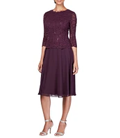 Alex Evenings Crew Neck 3/4 Sleeve Sequin Floral Lace Bodice Chiffon A-Line Midi Dress