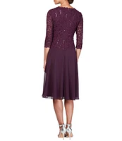 Alex Evenings Crew Neck 3/4 Sleeve Sequin Floral Lace Bodice Chiffon A-Line Midi Dress