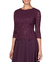 Alex Evenings Crew Neck 3/4 Sleeve Sequin Floral Lace Bodice Chiffon A-Line Midi Dress