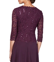 Alex Evenings Crew Neck 3/4 Sleeve Sequin Floral Lace Bodice Chiffon A-Line Midi Dress