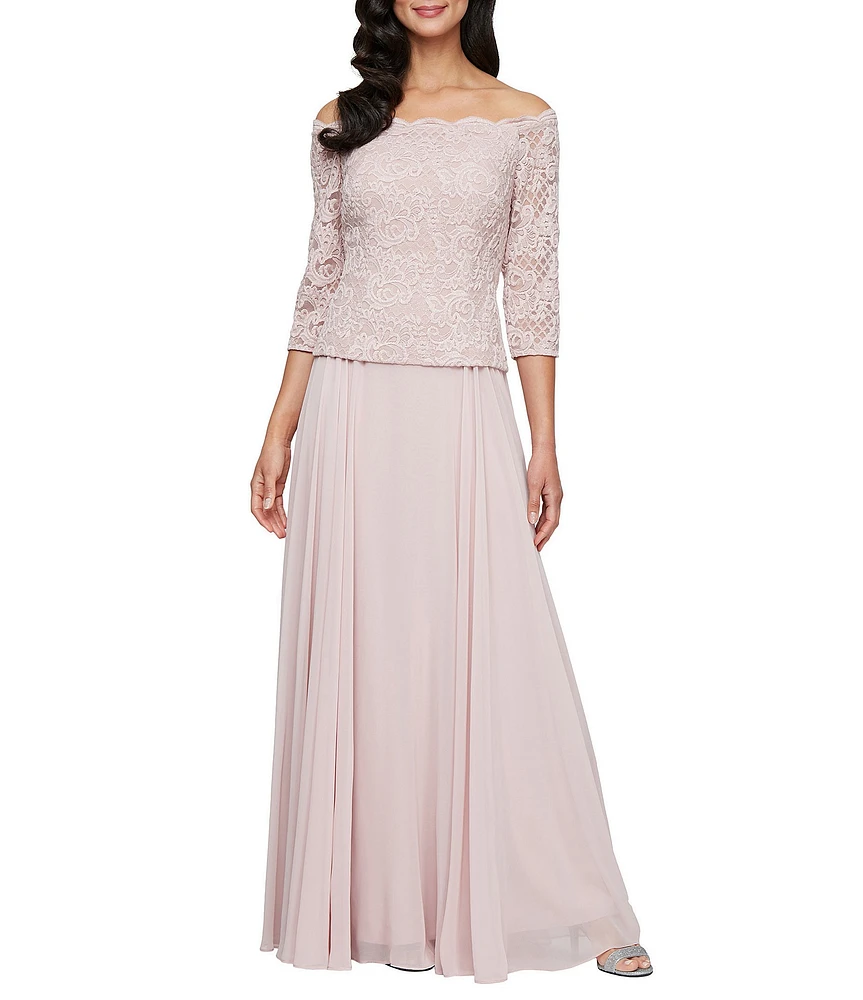 Alex Evenings Off-The-Shoulder 3/4 Sleeve A-Line Chiffon Lace Dress
