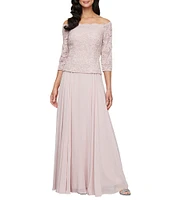 Alex Evenings Off-The-Shoulder 3/4 Sleeve A-Line Chiffon Lace Dress