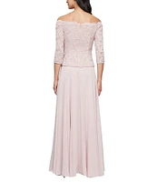 Alex Evenings Off-The-Shoulder 3/4 Sleeve A-Line Chiffon Lace Dress