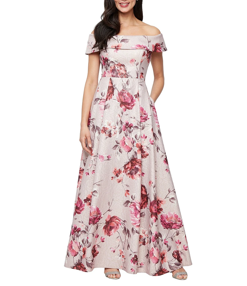 Alex Evenings Off-the-Shoulder Floral Print Jacquard Ball Gown