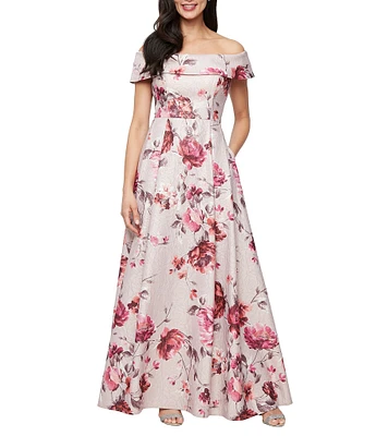 Alex Evenings Off-the-Shoulder Floral Print Jacquard Ball Gown