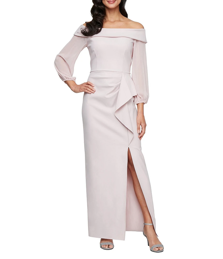 Alex Evenings Off-The-Shoulder Long Illusion Sleeve Cascade Ruffle Skirt Front Slit Sheath Dress