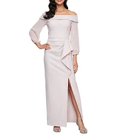 Alex Evenings Off-The-Shoulder Long Illusion Sleeve Cascade Ruffle Skirt Front Slit Sheath Dress