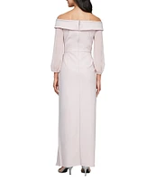 Alex Evenings Off-The-Shoulder Long Illusion Sleeve Cascade Ruffle Skirt Front Slit Sheath Dress