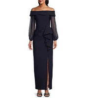 Alex Evenings Off the Shoulder Long Illusion Sleeve Cascade Ruffle Skirt Front Slit Sheath Dress