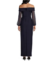 Alex Evenings Off the Shoulder Long Illusion Sleeve Cascade Ruffle Skirt Front Slit Sheath Dress