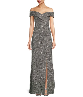 Alex Evenings Off-the-Shoulder Short Sleeve Sequin Lace Gown