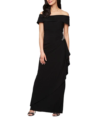 Alex Evenings Off-the-Shoulder Short Sleeve Stretch Matte Jersey Ruched Gown