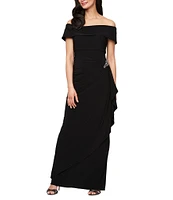 Alex Evenings Off-the-Shoulder Short Sleeve Stretch Matte Jersey Ruched Gown