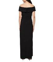 Alex Evenings Off-the-Shoulder Short Sleeve Stretch Matte Jersey Ruched Gown