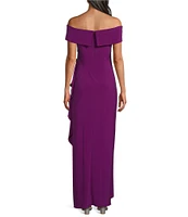 Alex Evenings Off-the-Shoulder Short Sleeve Stretch Matte Jersey Ruched Gown