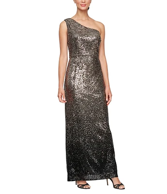 Alex Evenings One Shoulder Asymmetrical Neckline Sleeveless Ombre Sequin Dress