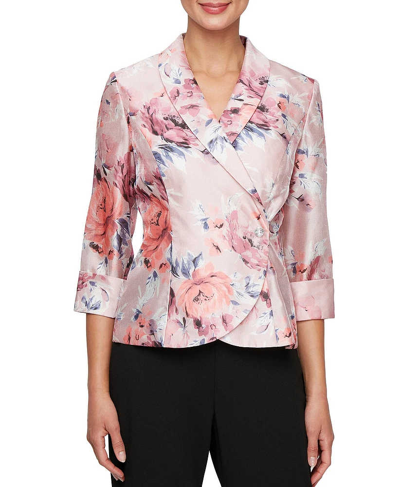 Alex Evenings Organza V Neck 3/4 Sleeve Floral Blouse