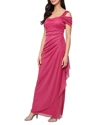 Alex Evenings Petite Size Cowl Square Neck Cap Sleeve Cold Shoulder Ruched Side Glitter Mesh Gown