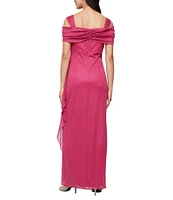 Alex Evenings Petite Size Cowl Square Neck Cap Sleeve Cold Shoulder Ruched Side Glitter Mesh Gown