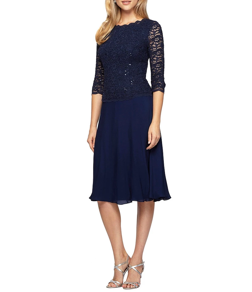 Alex Evenings Petite Size Scalloped Round Neck Sequin Lace Bodice 3/4 Sleeve Chiffon Skirted Tea Length Dress