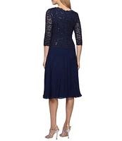 Alex Evenings Petite Size Scalloped Round Neck Sequin Lace Bodice 3/4 Sleeve Chiffon Skirted Tea Length Dress