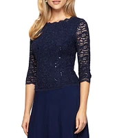 Alex Evenings Petite Size Scalloped Round Neck Sequin Lace Bodice 3/4 Sleeve Chiffon Skirted Tea Length Dress