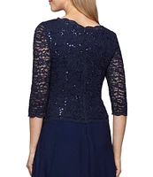 Alex Evenings Petite Size Scalloped Round Neck Sequin Lace Bodice 3/4 Sleeve Chiffon Skirted Tea Length Dress