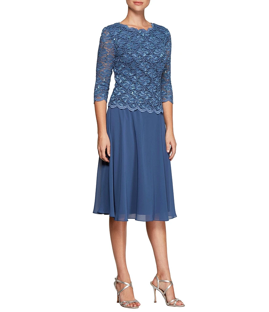 Alex Evenings Petite Size Scalloped Round Neck Sequin Lace Bodice 3/4 Sleeve Chiffon Skirted Tea Length Dress