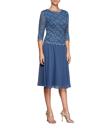 Alex Evenings Petite Size Scalloped Round Neck Sequin Lace Bodice 3/4 Sleeve Chiffon Skirted Tea Length Dress
