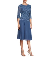 Alex Evenings Petite Size Scalloped Round Neck Sequin Lace Bodice 3/4 Sleeve Chiffon Skirted Tea Length Dress