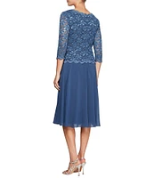 Alex Evenings Petite Size Scalloped Round Neck Sequin Lace Bodice 3/4 Sleeve Chiffon Skirted Tea Length Dress