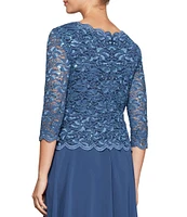 Alex Evenings Petite Size Scalloped Round Neck Sequin Lace Bodice 3/4 Sleeve Chiffon Skirted Tea Length Dress