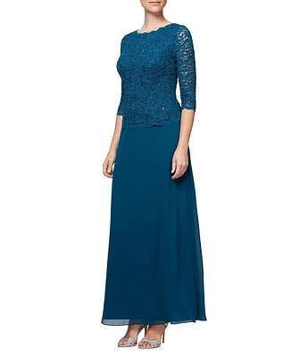 Alex Evenings Petite Size Sequined Lace Bodice Crew Neck 3/4 Sleeve Chiffon Skirted Gown