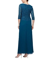 Alex Evenings Petite Size Sequined Lace Bodice Crew Neck 3/4 Sleeve Chiffon Skirted Gown